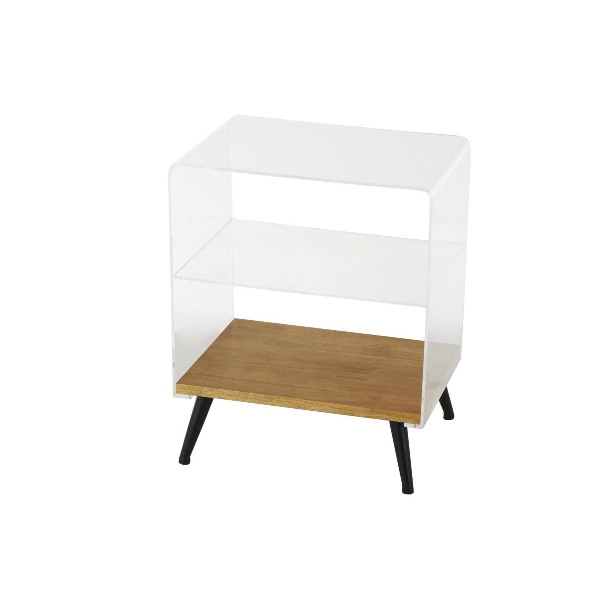 23" Clear Acrylic 1-Shelf Accent Table with Wood Base & Black Legs